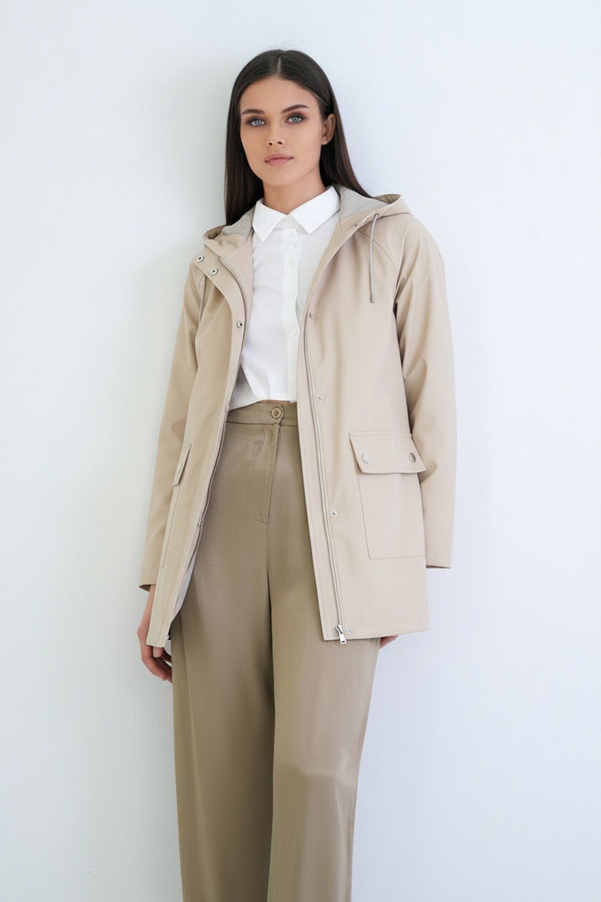 Kadın TAŞ Kapüşonlu Fermuarlı Çift Cepli Yağmurluk Ceket ALC-X12514