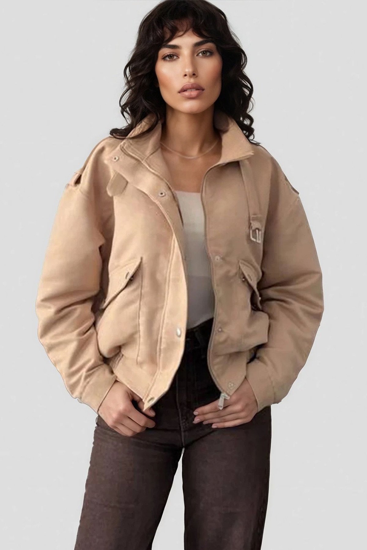 Kadın TAŞ OMUZ APOLETLİ DİK YAKA DÜĞMELİ CEKET ALC-X15028