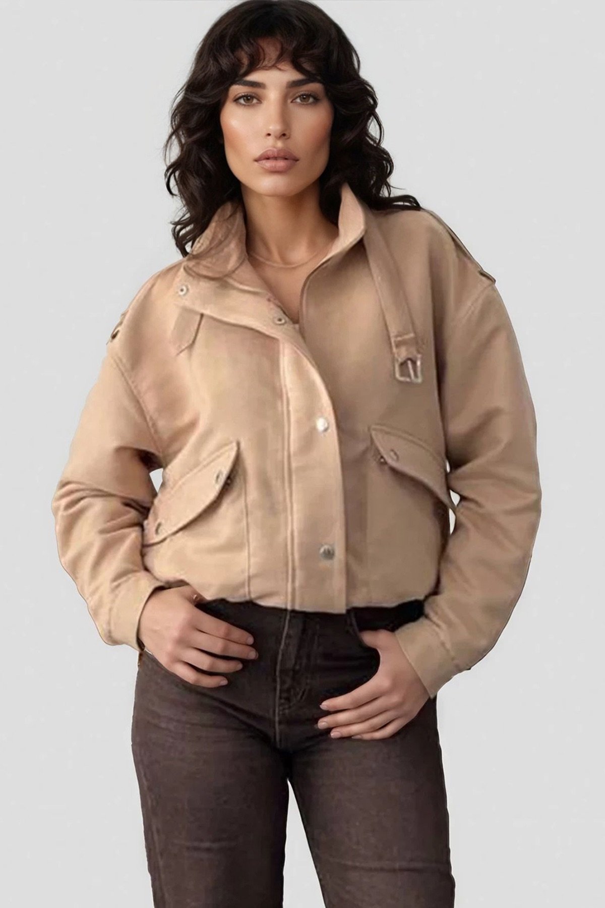 Kadın TAŞ OMUZ APOLETLİ DİK YAKA DÜĞMELİ CEKET ALC-X15028