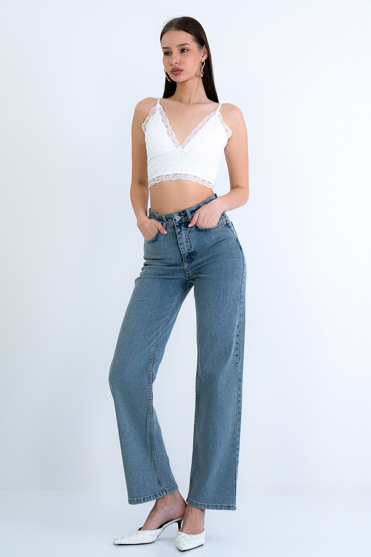 Kadın Vintage Mavi YÜKSEK BEL GENİŞ PAÇA JEAN PANTOLON ALC-X15158