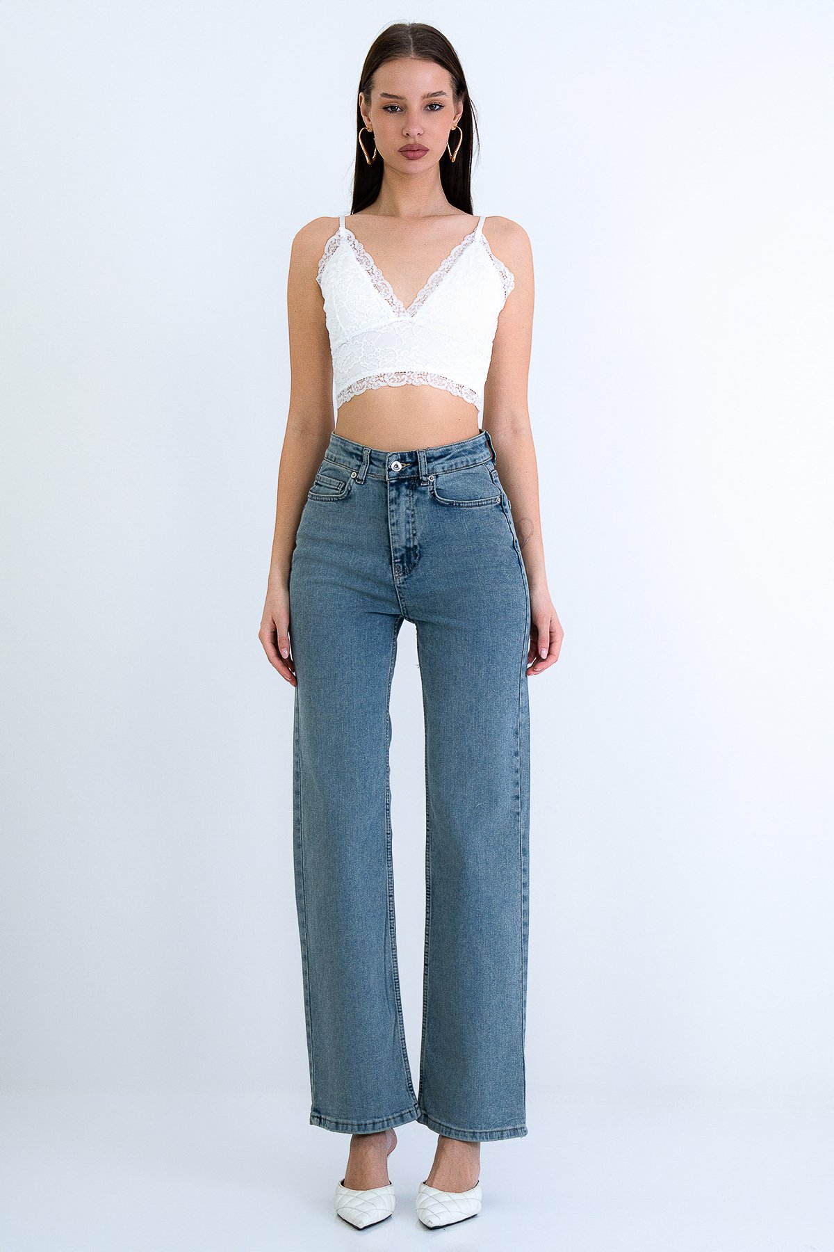 Kadın Vintage Mavi YÜKSEK BEL GENİŞ PAÇA JEAN PANTOLON ALC-X15158