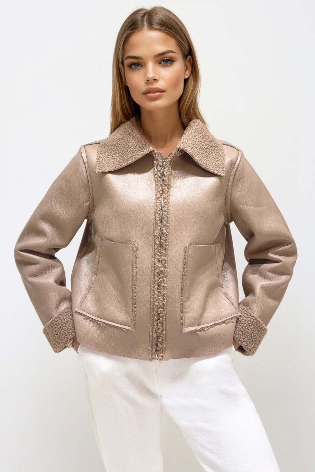 Kadın VİZON Çift Cepli İçi Suni Kürklü Suni Deri Biker Ceket PRM0408