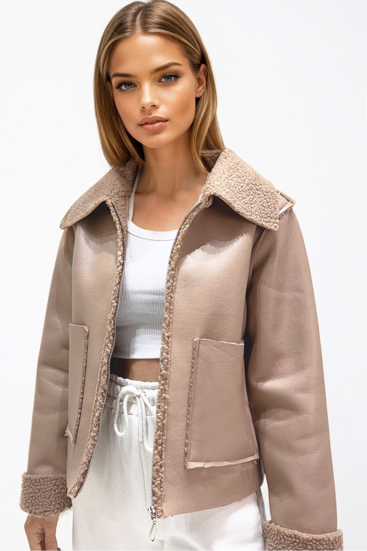 Kadın VİZON Çift Cepli İçi Suni Kürklü Suni Deri Biker Ceket PRM0408