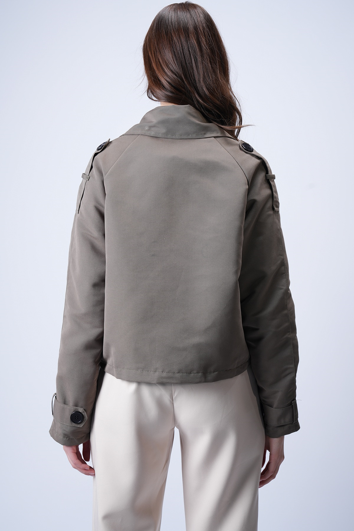 Kadın VİZON Kruvaze Yaka İçi Astarlı Kısa Trenç Ceket VS01185