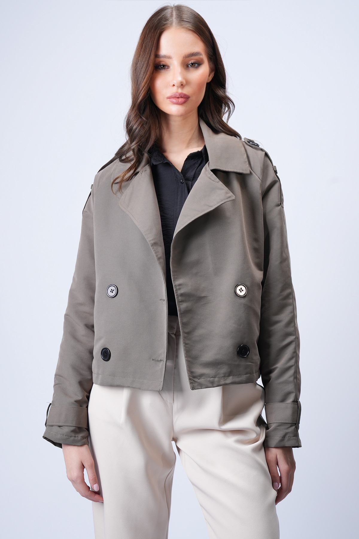 Kadın VİZON Kruvaze Yaka İçi Astarlı Kısa Trenç Ceket VS01185