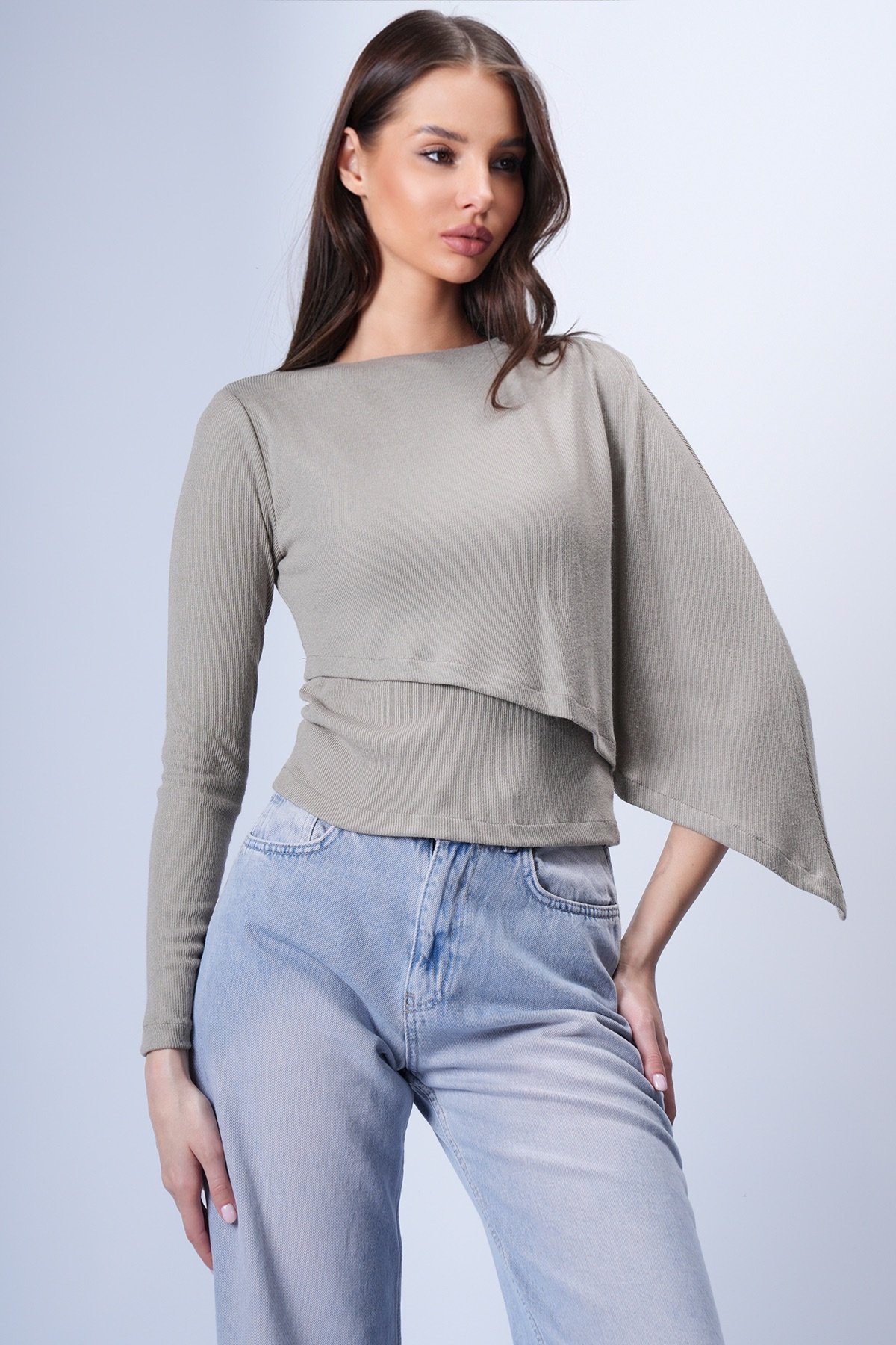 Kadın Vizon Tek Kol Sabit Şal Tasarımlı Örme Crop Bluz Alc-X15041
