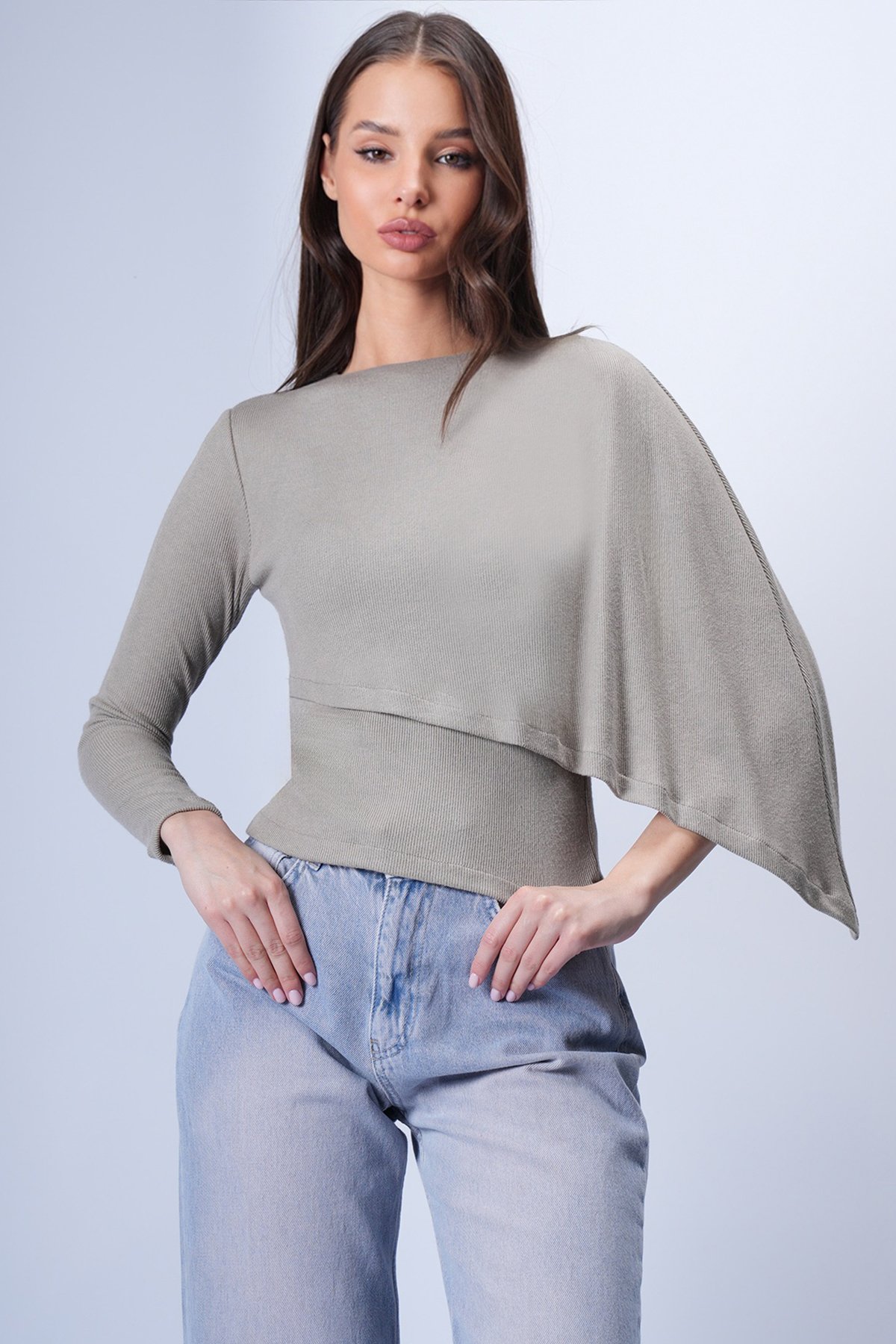 Kadın Vizon Tek Kol Sabit Şal Tasarımlı Örme Crop Bluz Alc-X15041