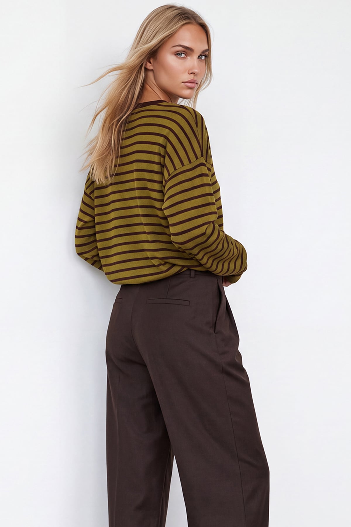 Kadın Yağ Yeşili - Kahve Bisiklet Yaka Oversize Çizgili Bluz Alc-X15967