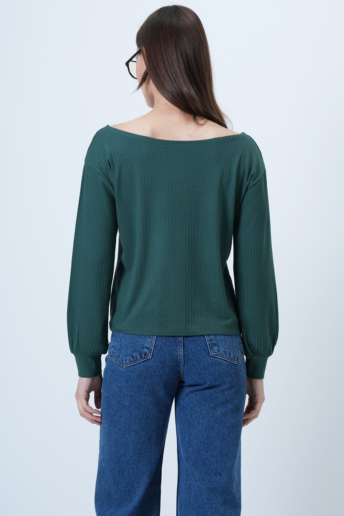 Kadın Yeşil Kayık Yaka Kolları Manşetli Bluz Alc-X14393