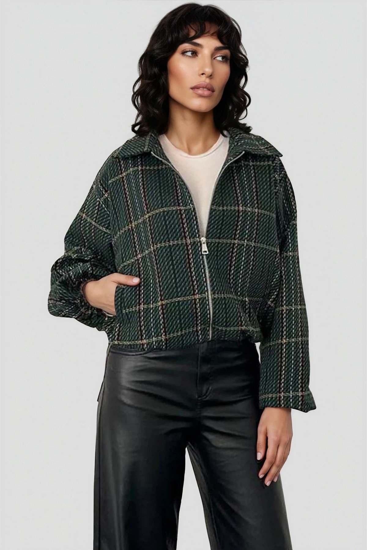 Kadın ZEYTİN YEŞİLİ KOLLARI VE BELİ LASTİKLİ TWEED CEKET ALC-X15025