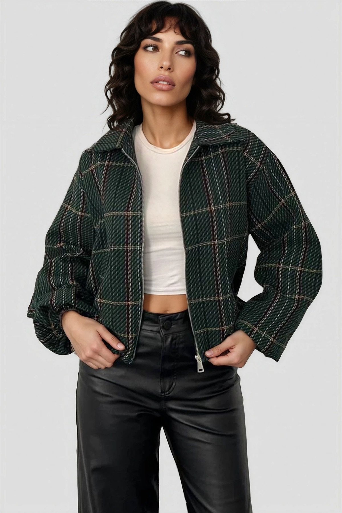 Kadın ZEYTİN YEŞİLİ KOLLARI VE BELİ LASTİKLİ TWEED CEKET ALC-X15025