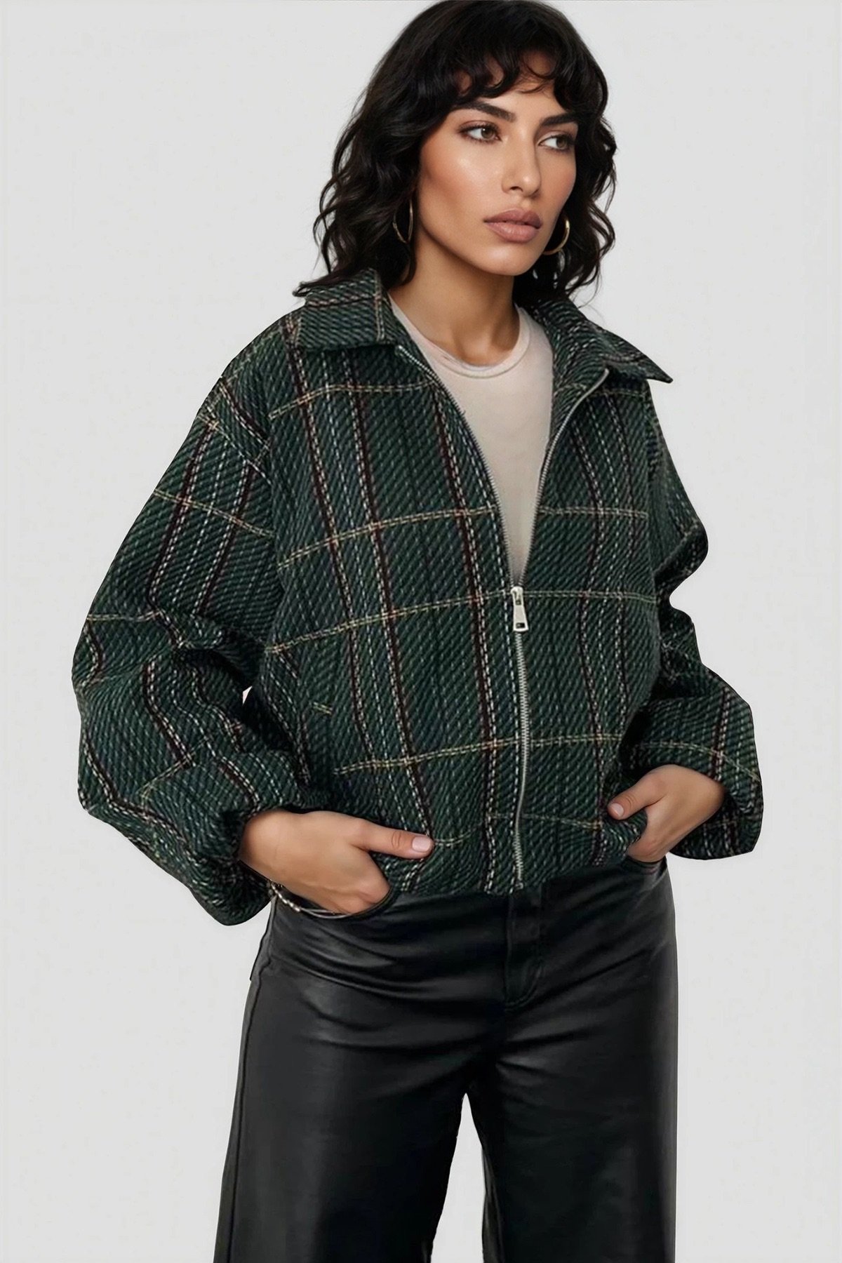 Kadın ZEYTİN YEŞİLİ KOLLARI VE BELİ LASTİKLİ TWEED CEKET ALC-X15025