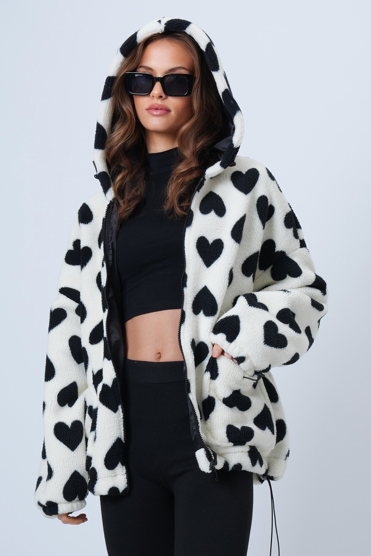 Kalpli Dik Yaka İçi Astarlı Cepli Oversize Peluş Mont - EKRU