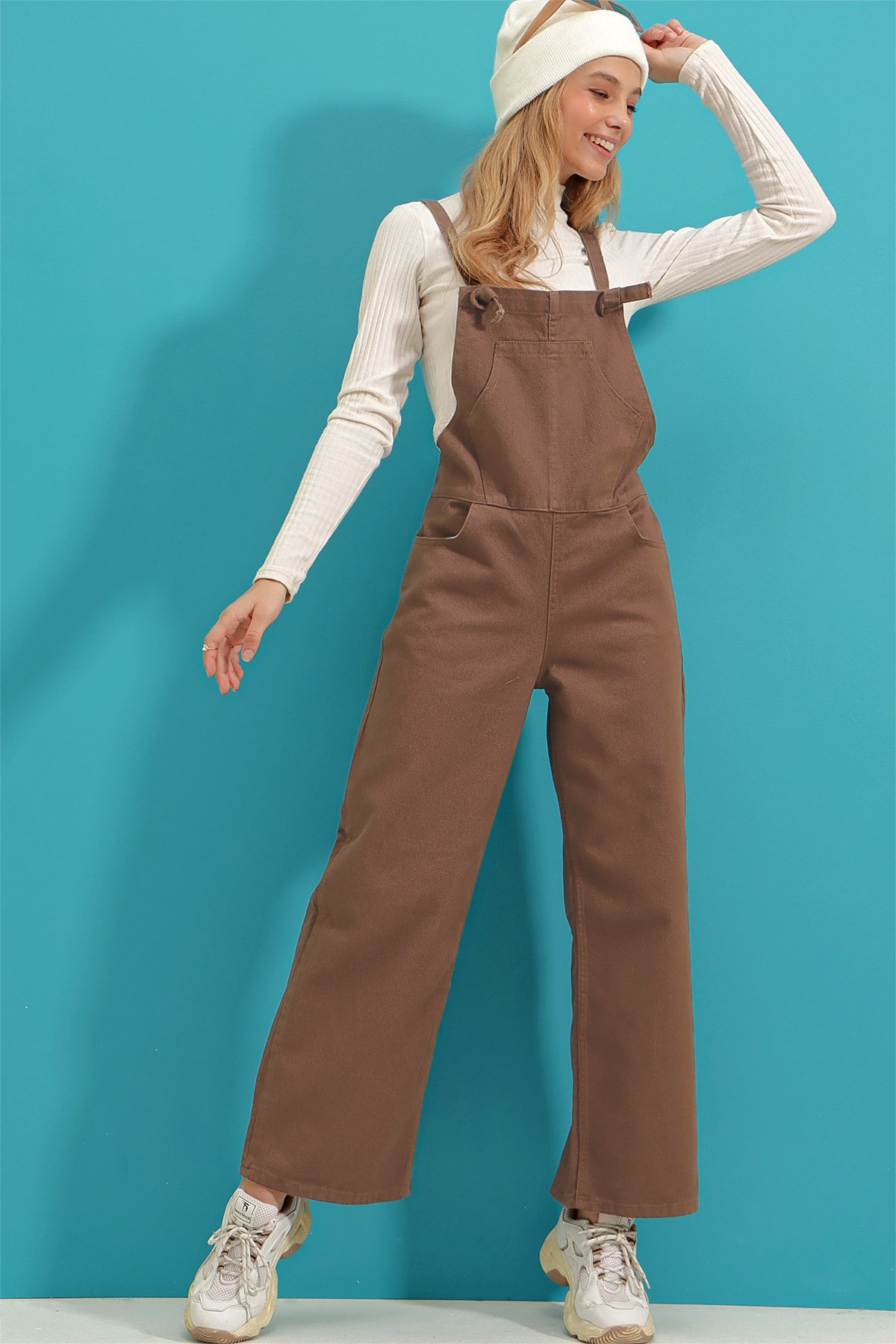 Kanguru Cepli Denim Bahçıvan Salopet - Camel