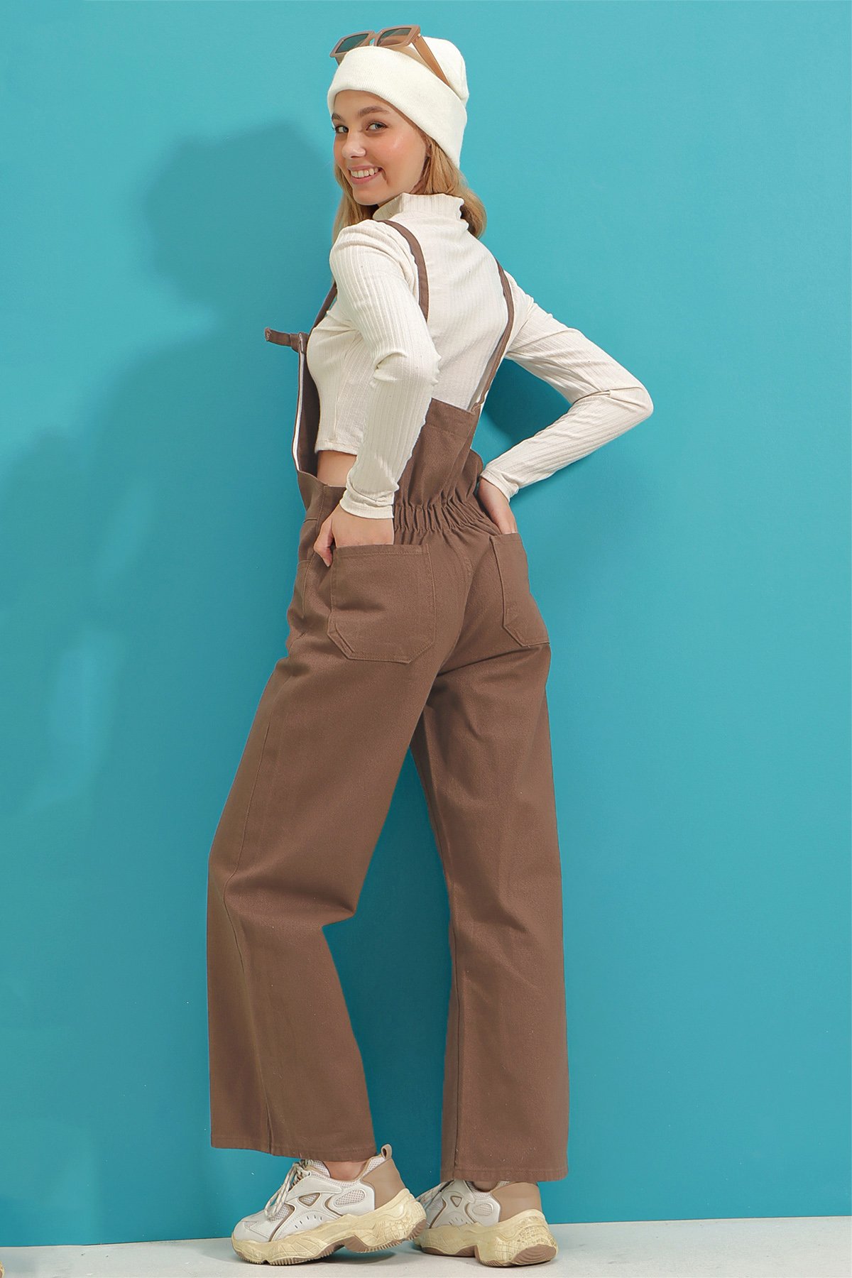 Kanguru Cepli Denim Bahçıvan Salopet - Camel