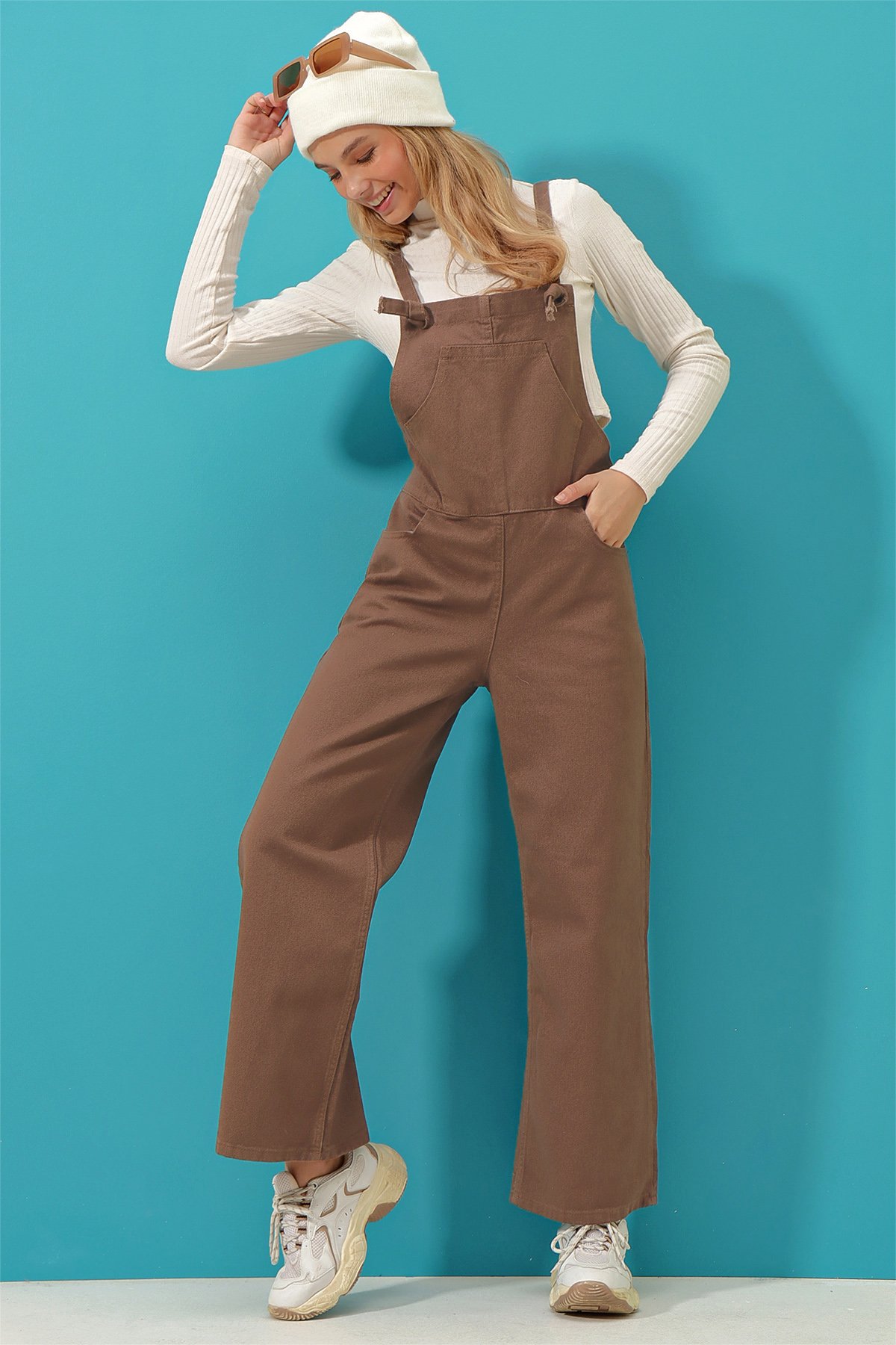 Kanguru Cepli Denim Bahçıvan Salopet - Camel