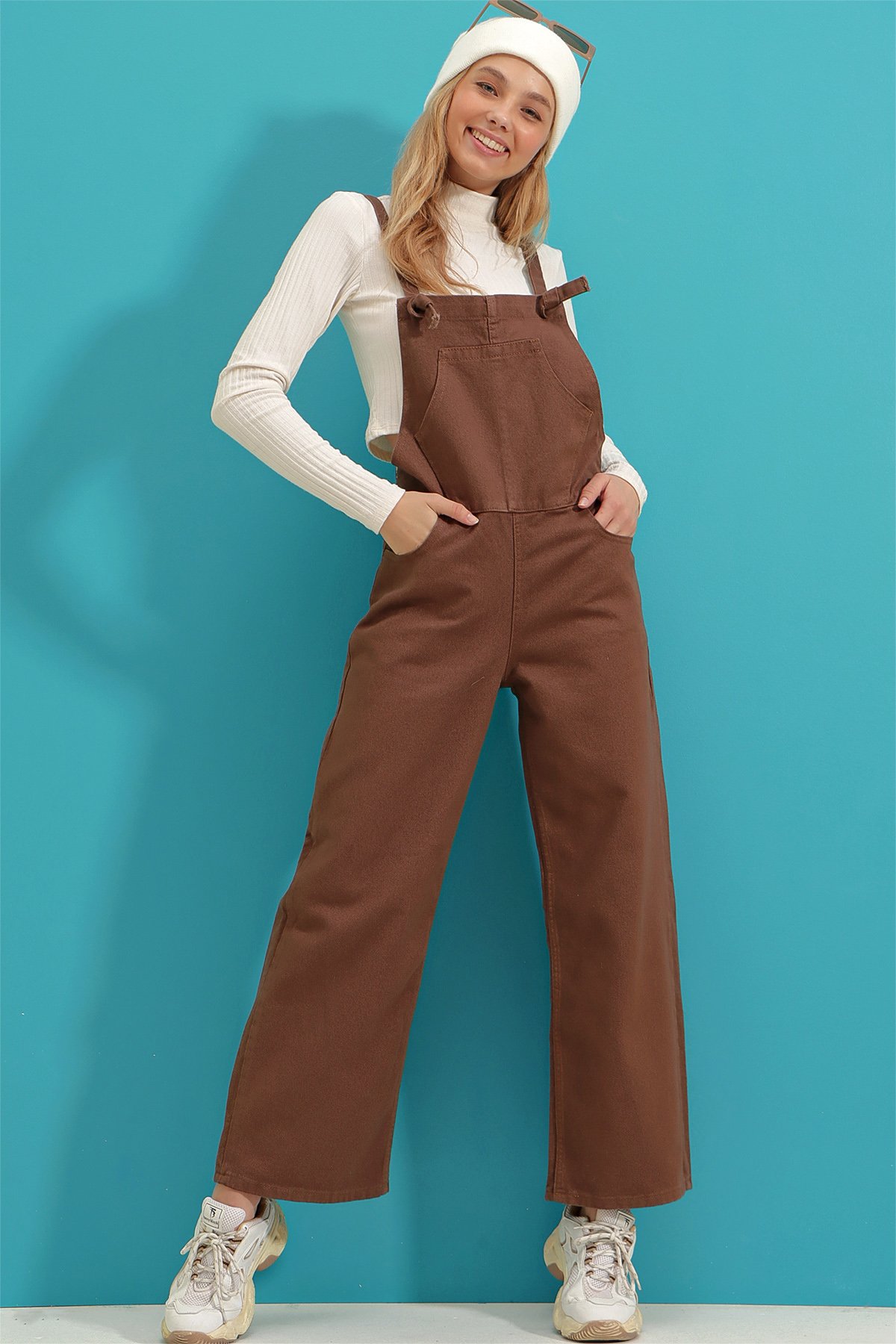 Kanguru Cepli Denim Bahçıvan Salopet - Kahve
