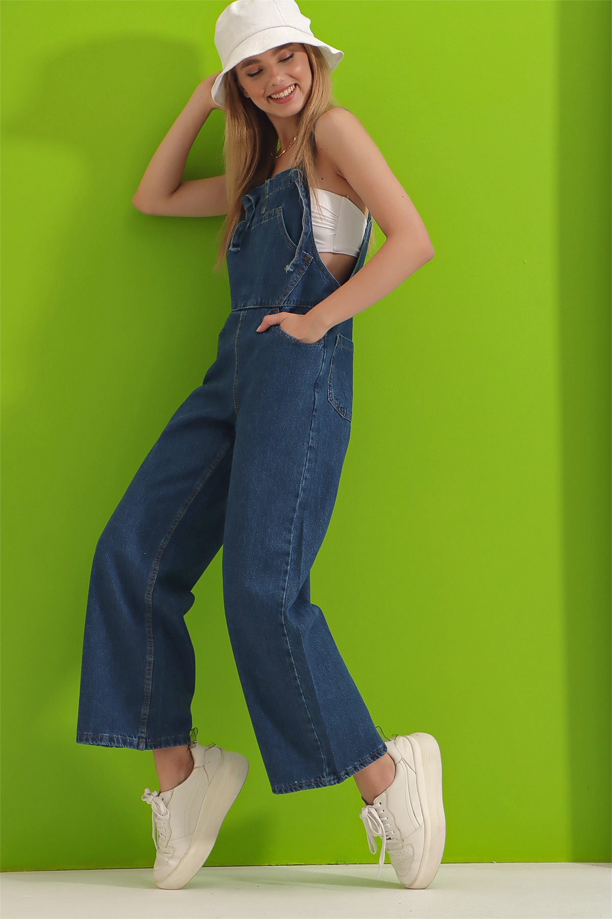 Kanguru Cepli Denim Bahçıvan Salopet - Koyu Mavi
