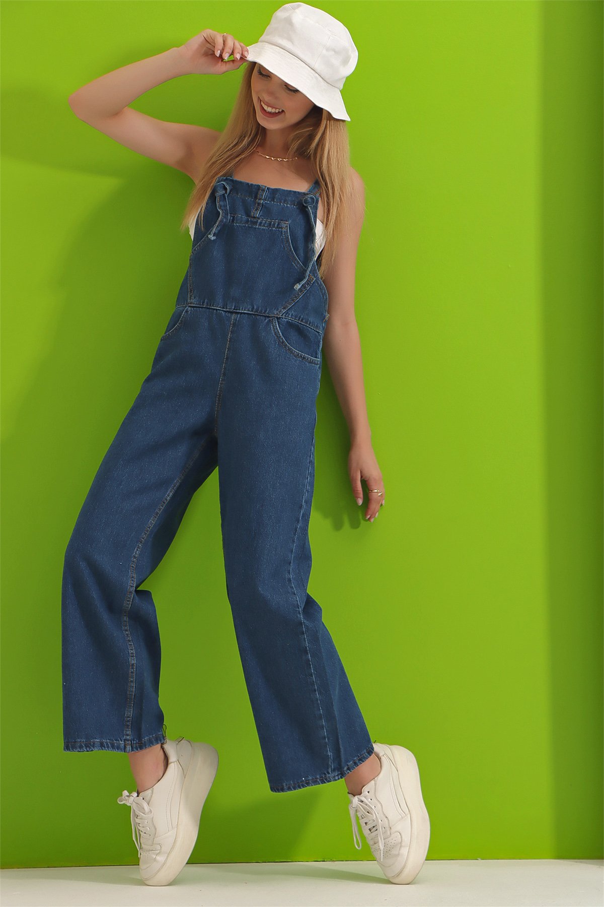 Kanguru Cepli Denim Bahçıvan Salopet - Koyu Mavi