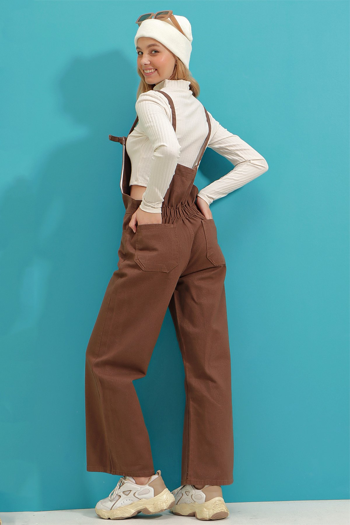 Kanguru Cepli Denim Bahçıvan Salopet - Kahve