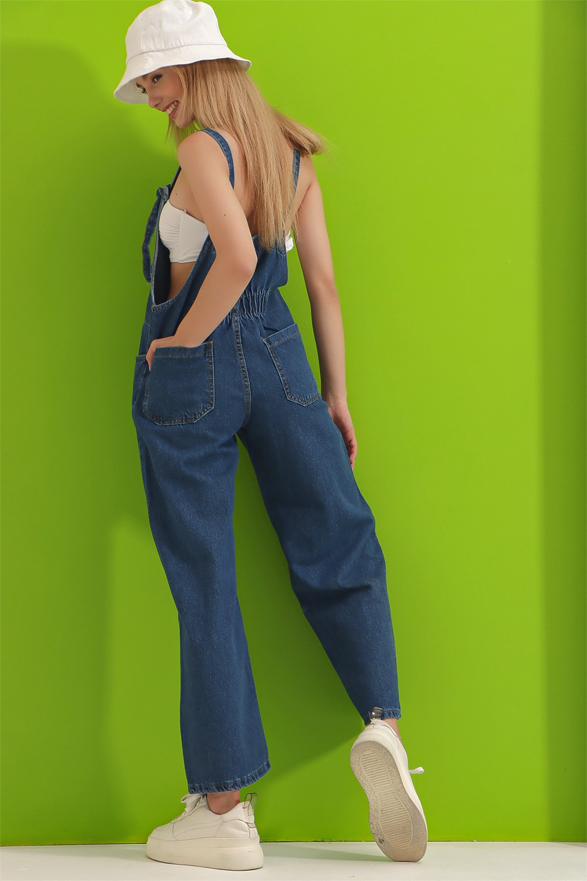 Kanguru Cepli Denim Bahçıvan Salopet - Koyu Mavi