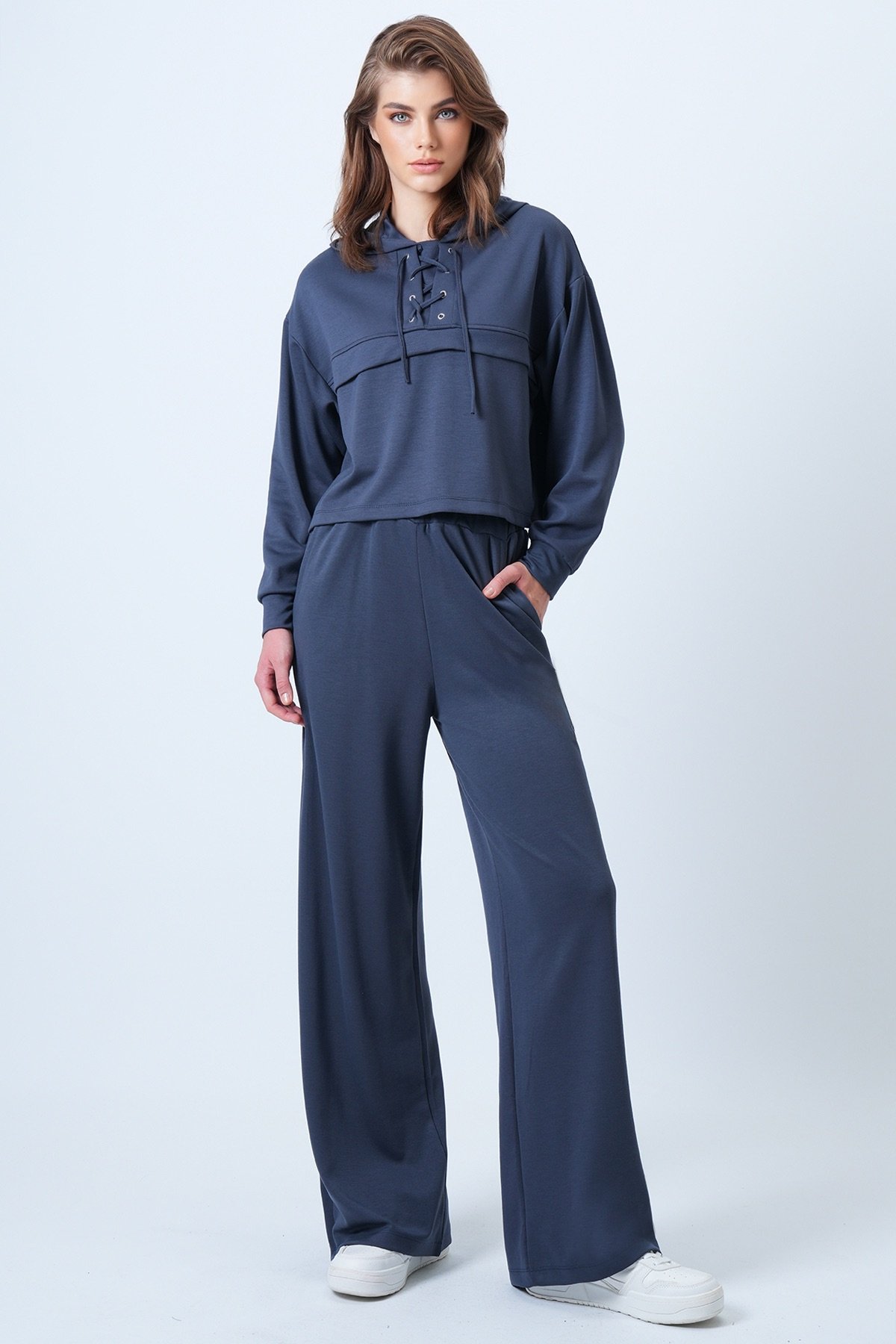 Kapşonlu Kuş Gözlü Sweat ve Palazo Pantolon Modal Takım - ANTRASİT