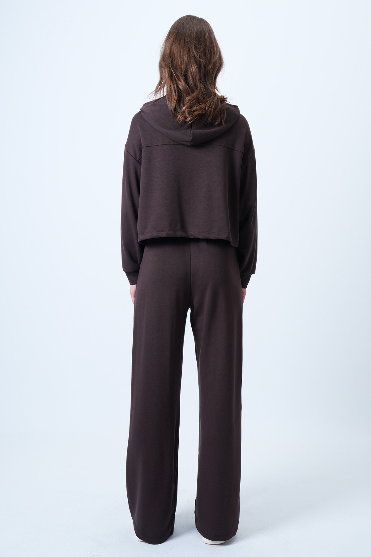 Kapşonlu Kuş Gözlü Sweat ve Palazo Pantolon Modal Takım - KAHVERENGİ