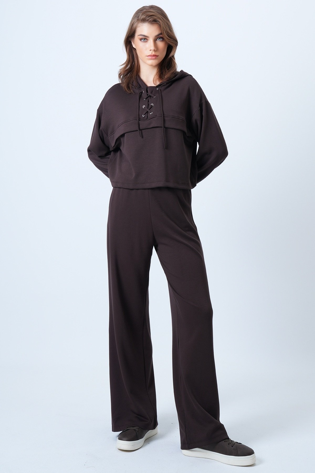 Kapşonlu Kuş Gözlü Sweat ve Palazo Pantolon Modal Takım - KAHVERENGİ