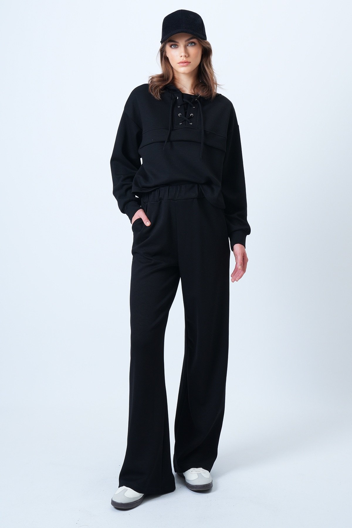 Kapşonlu Kuş Gözlü Sweat ve Palazo Pantolon Modal Takım - SİYAH