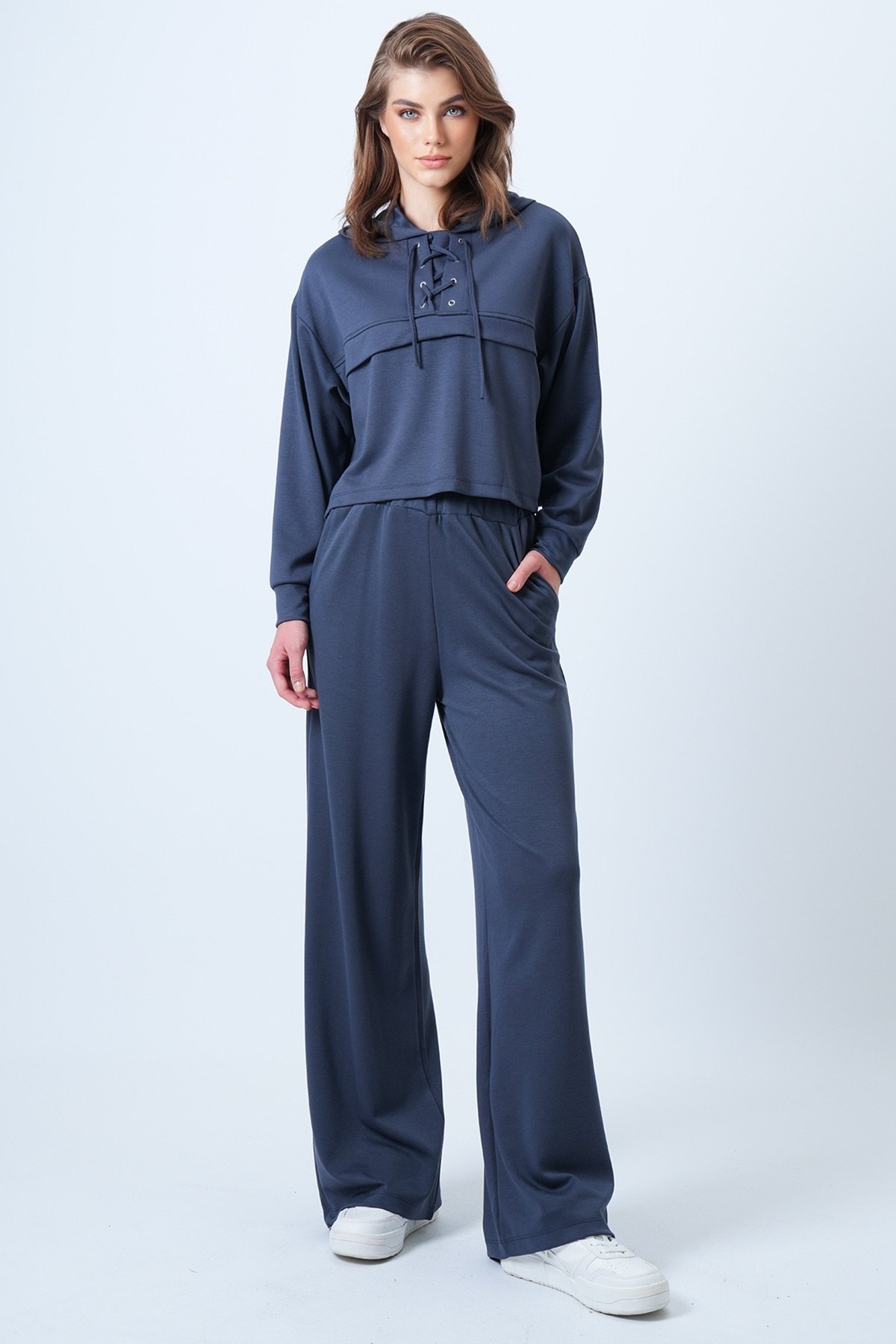 Kapşonlu Kuş Gözlü Sweat ve Palazo Pantolon Modal Takım - ANTRASİT