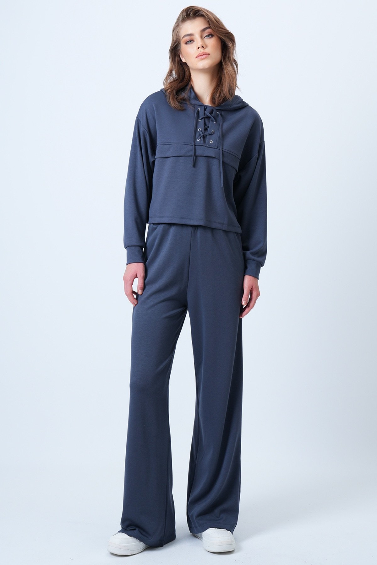 Kapşonlu Kuş Gözlü Sweat ve Palazo Pantolon Modal Takım - ANTRASİT