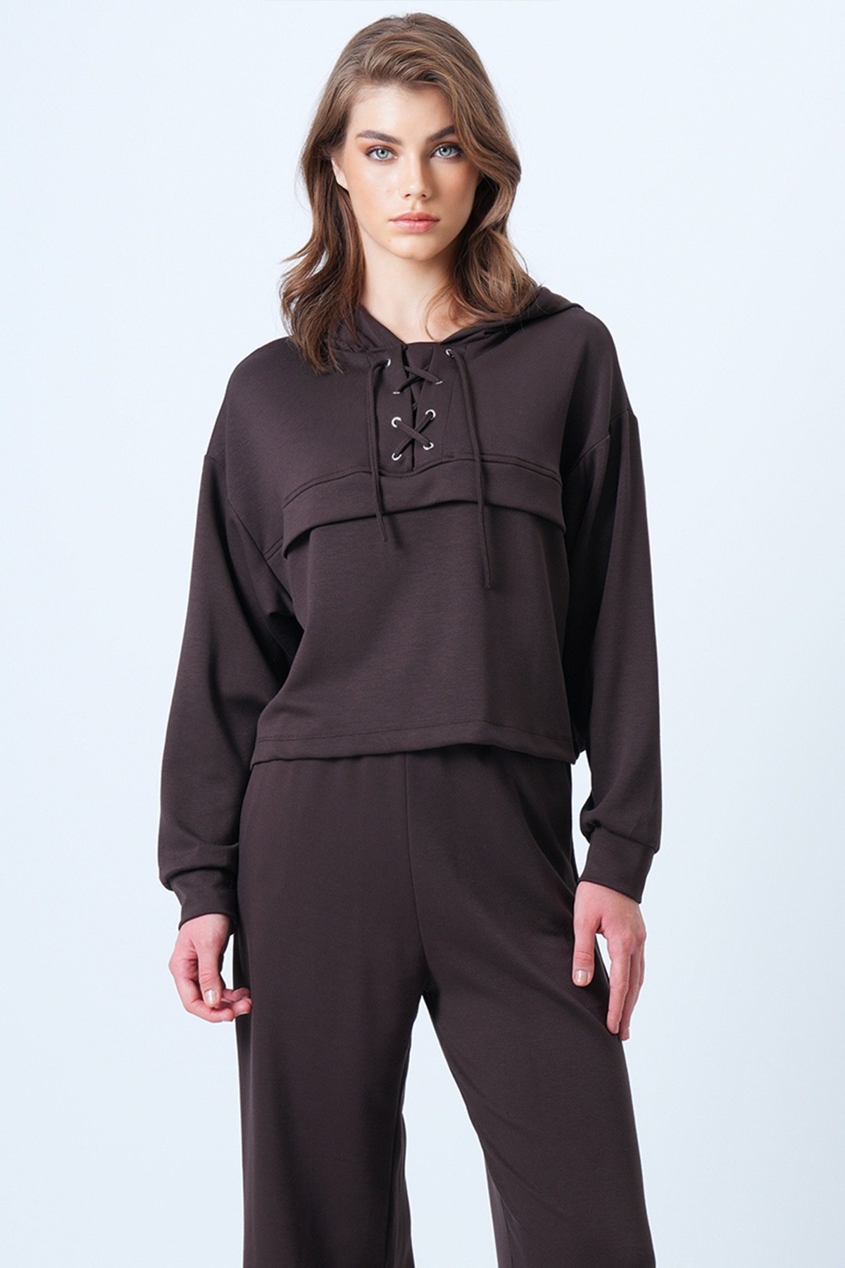 Kapşonlu Kuş Gözlü Sweat ve Palazo Pantolon Modal Takım - KAHVERENGİ