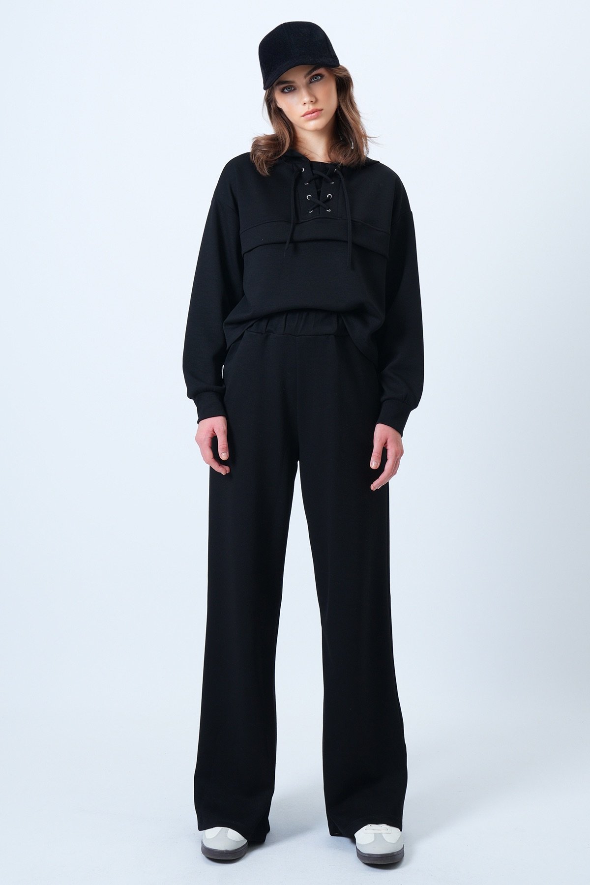 Kapşonlu Kuş Gözlü Sweat ve Palazo Pantolon Modal Takım - SİYAH