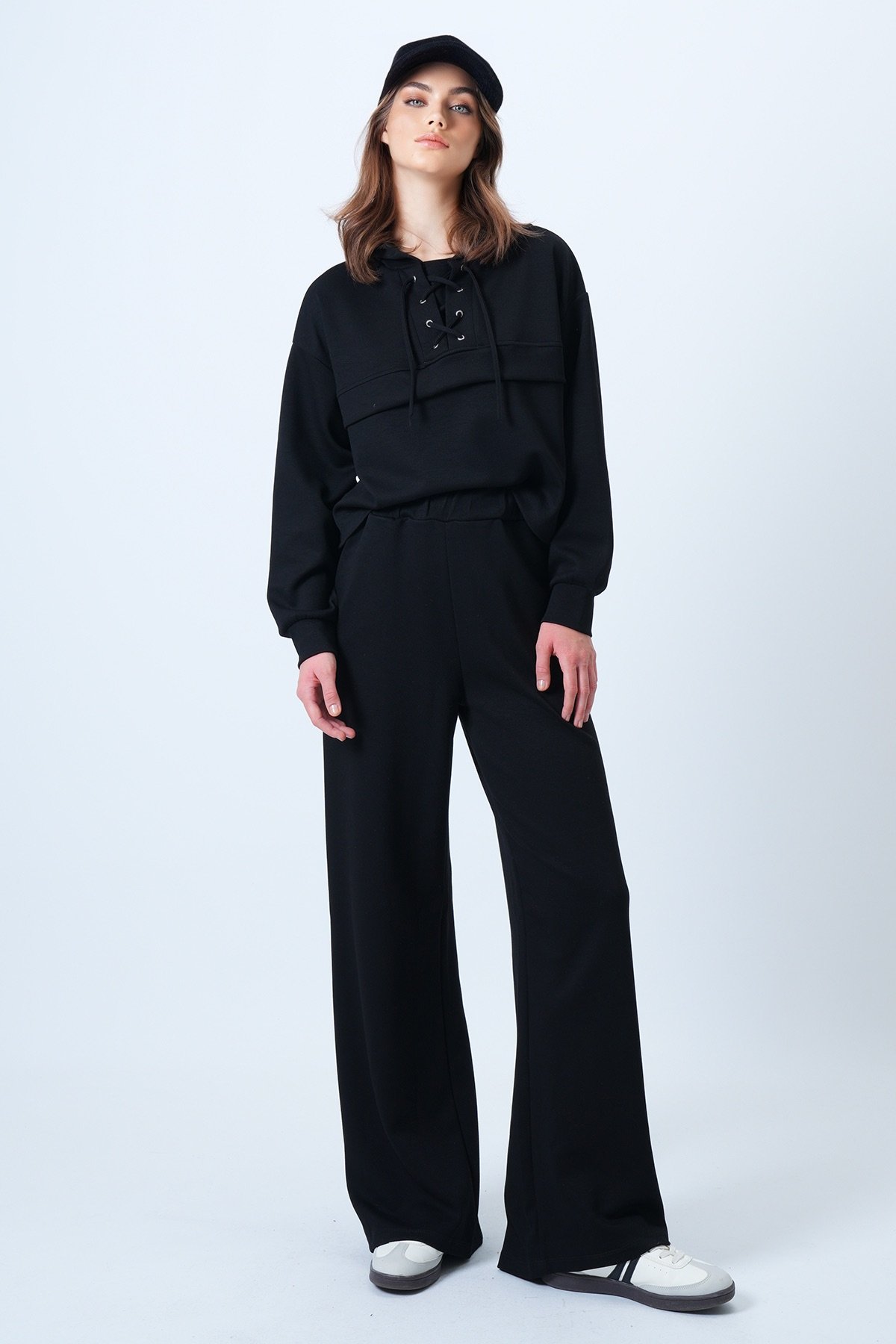 Kapşonlu Kuş Gözlü Sweat ve Palazo Pantolon Modal Takım - SİYAH