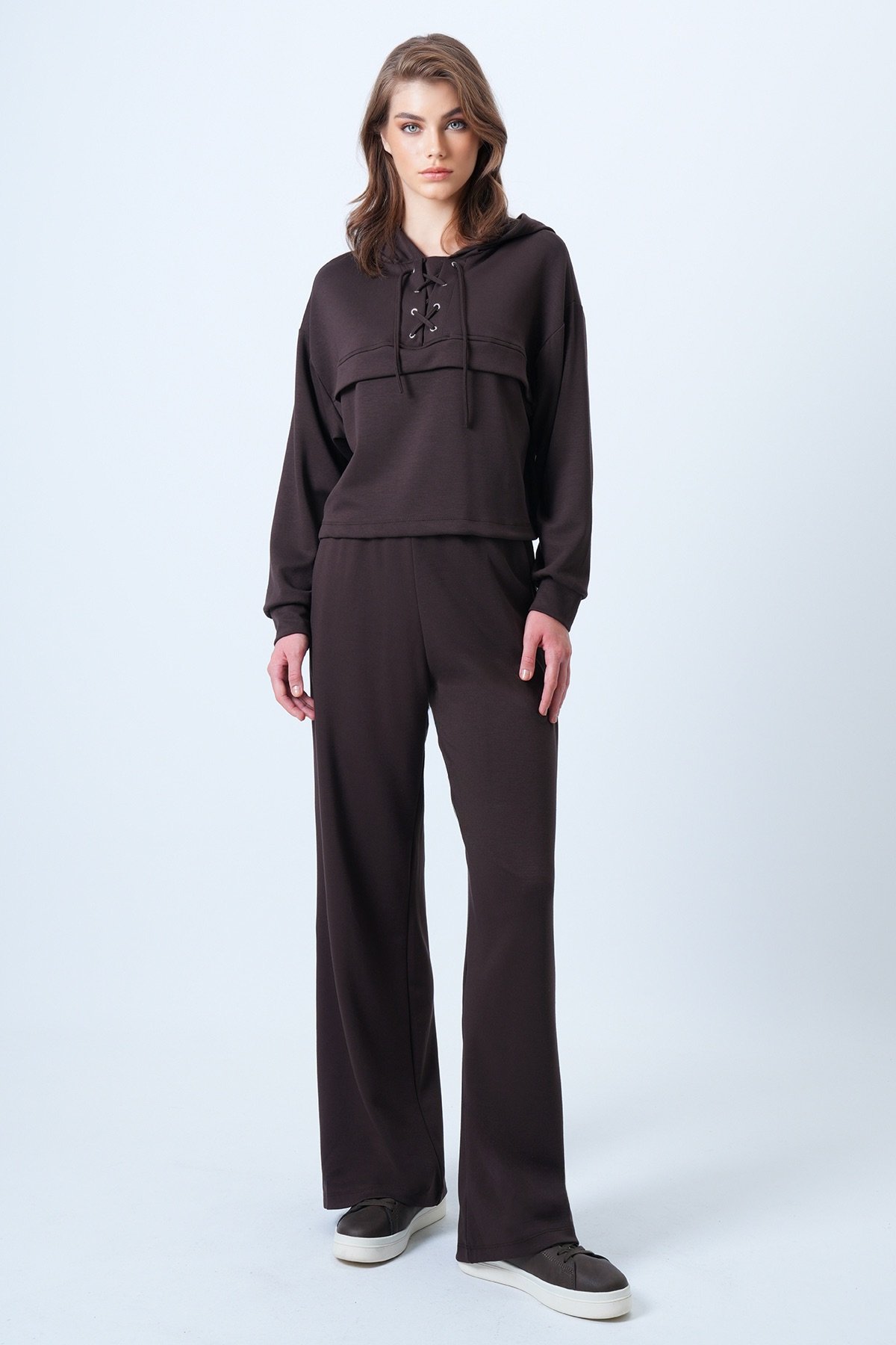 Kapşonlu Kuş Gözlü Sweat ve Palazo Pantolon Modal Takım - KAHVERENGİ