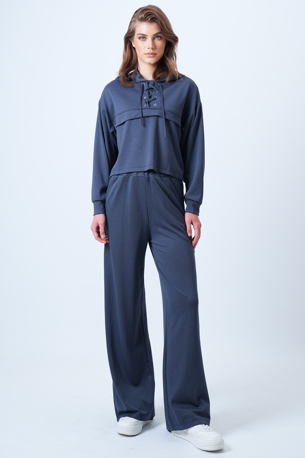 Kapşonlu Kuş Gözlü Sweat ve Palazo Pantolon Modal Takım - ANTRASİT
