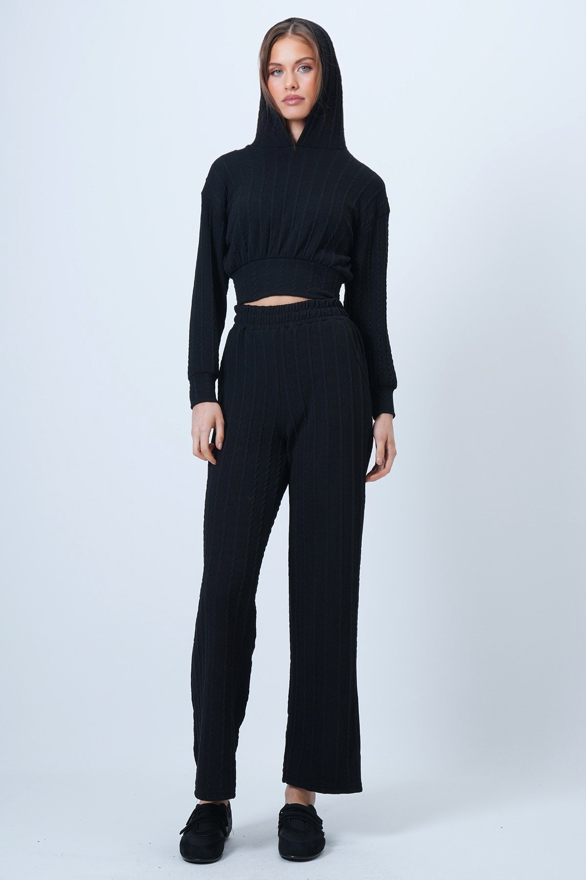 Kapüşonlu Ajurlu Triko Sweat Ve Beli Lastikli Palazzo Pantolon - SİYAH