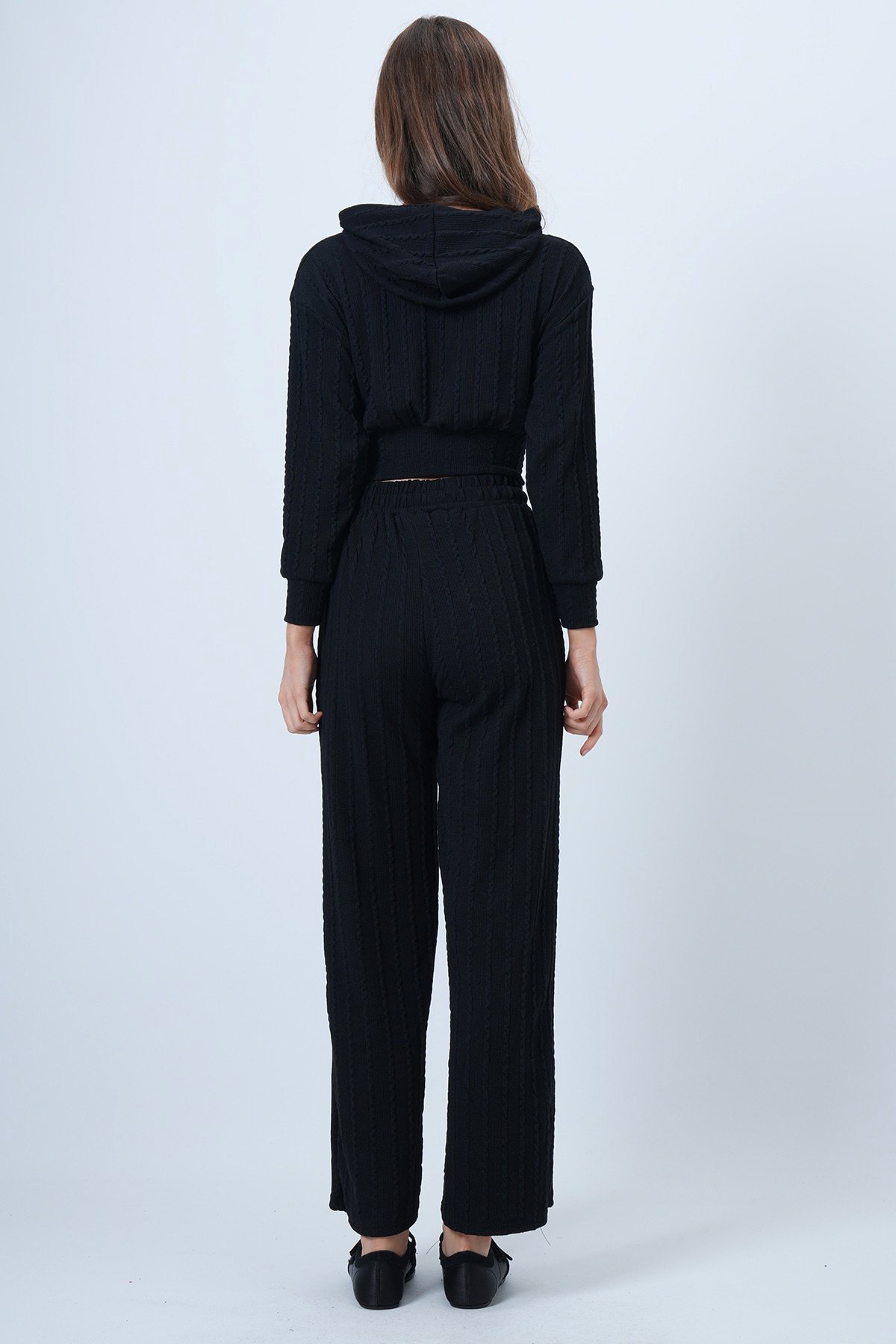 Kapüşonlu Ajurlu Triko Sweat Ve Beli Lastikli Palazzo Pantolon - SİYAH