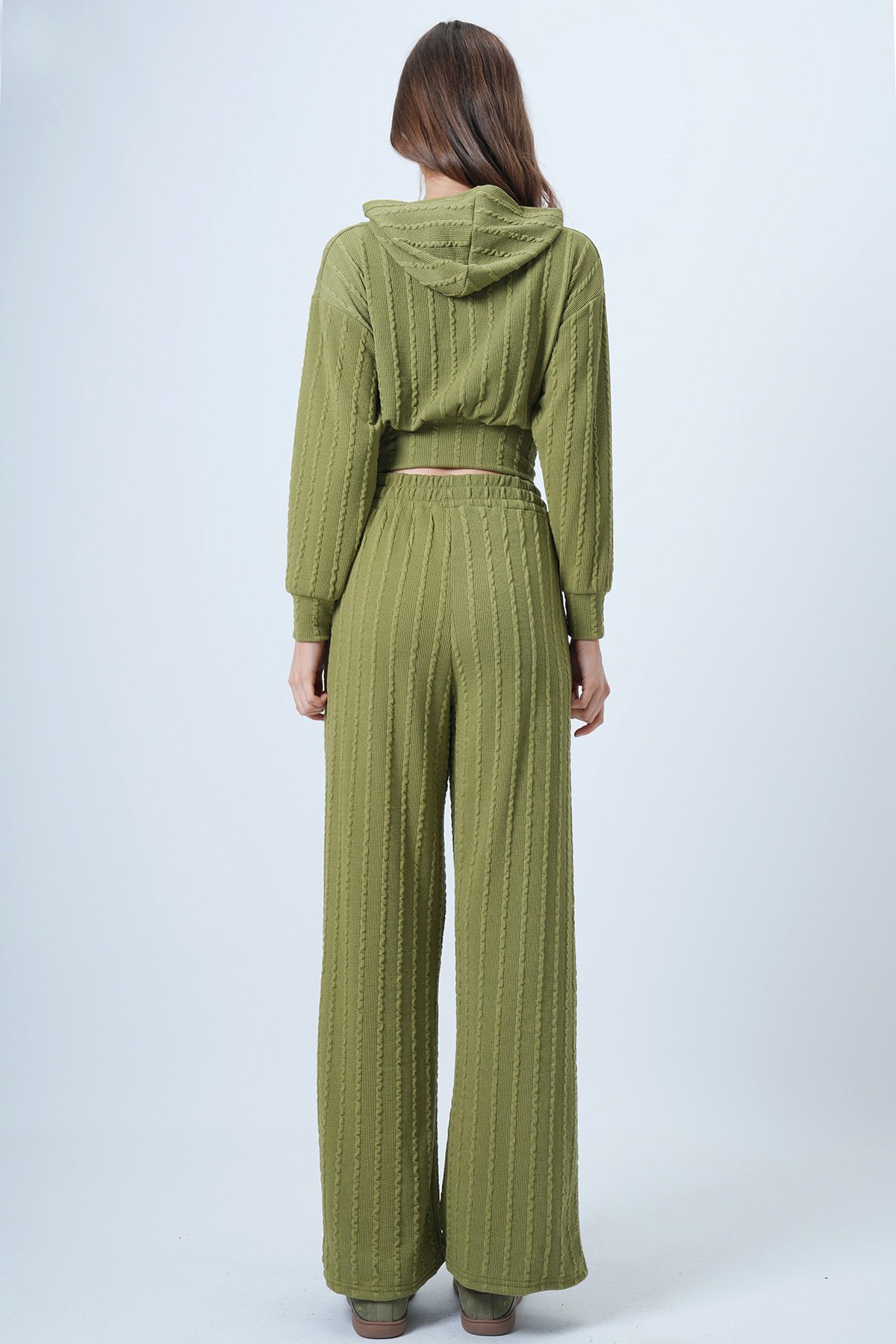 Kapüşonlu Ajurlu Triko Sweat Ve Beli Lastikli Palazzo Pantolon - Yağ Yeşili