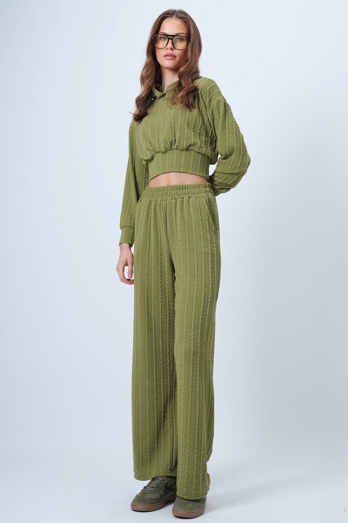 Kapüşonlu Ajurlu Triko Sweat Ve Beli Lastikli Palazzo Pantolon - Yağ Yeşili
