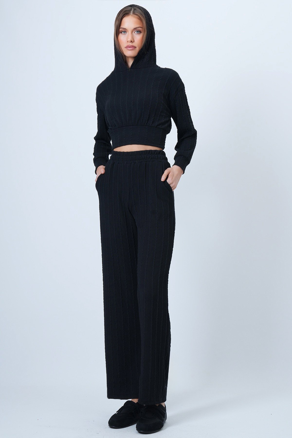 Kapüşonlu Ajurlu Triko Sweat Ve Beli Lastikli Palazzo Pantolon - SİYAH