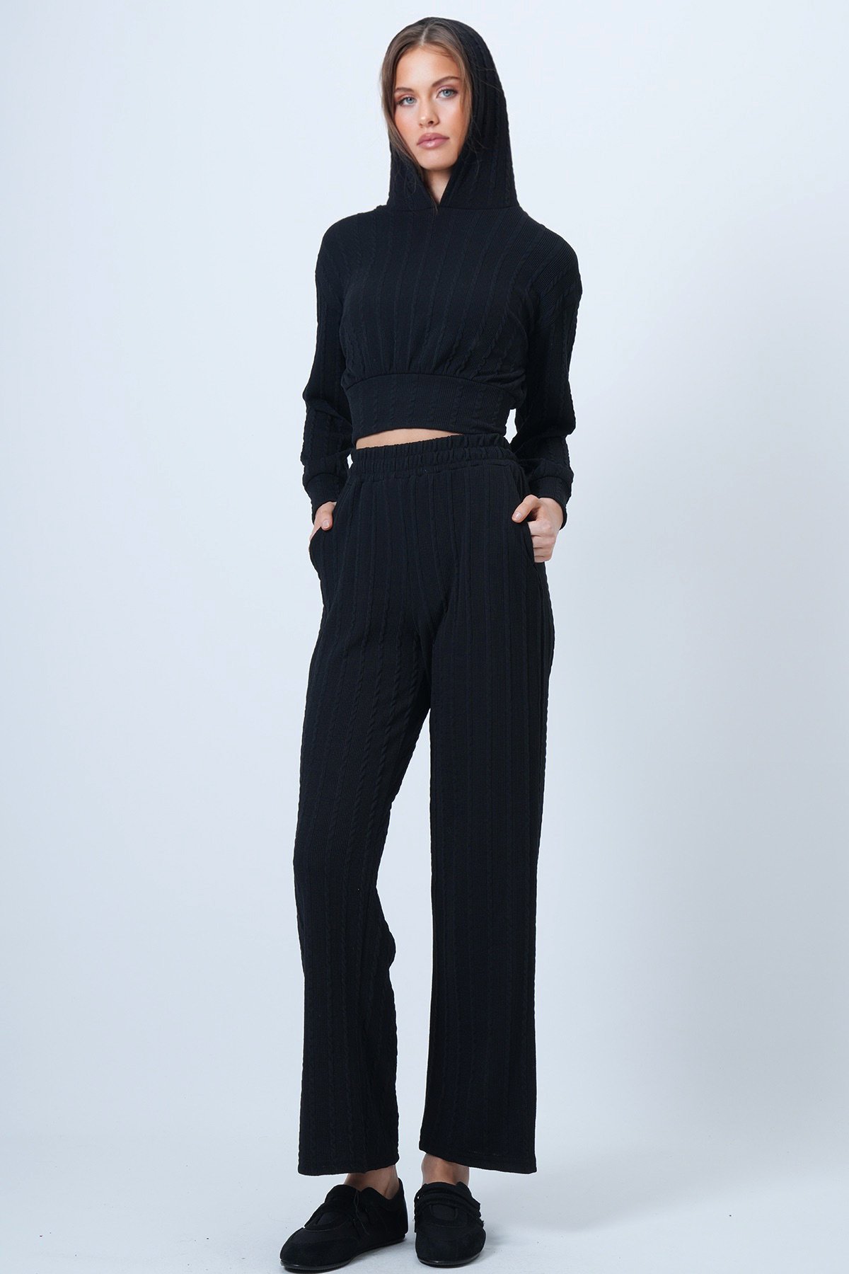 Kapüşonlu Ajurlu Triko Sweat Ve Beli Lastikli Palazzo Pantolon - SİYAH