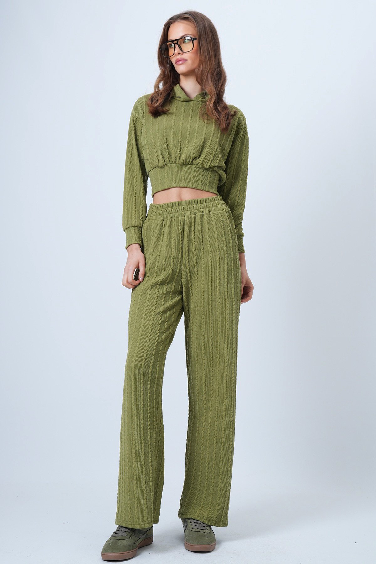 Kapüşonlu Ajurlu Triko Sweat Ve Beli Lastikli Palazzo Pantolon - Yağ Yeşili