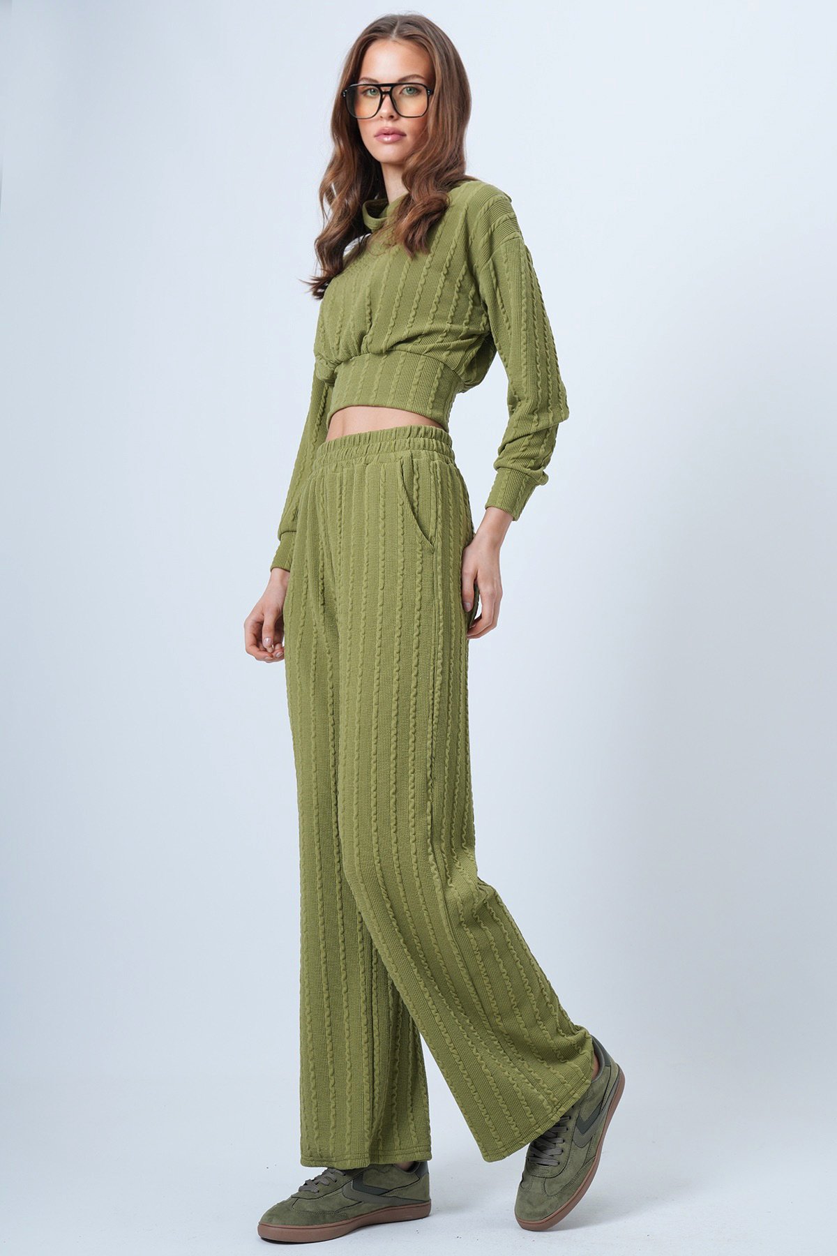 Kapüşonlu Ajurlu Triko Sweat Ve Beli Lastikli Palazzo Pantolon - Yağ Yeşili