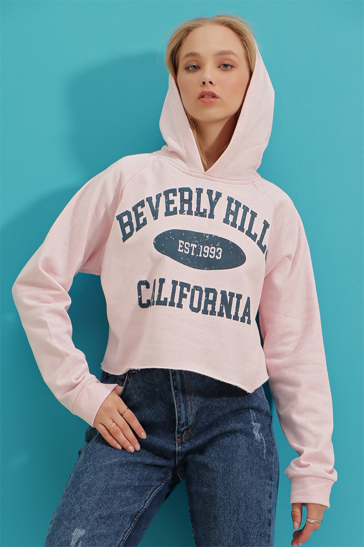 Kapüşonlu Baskılı İçi Polarlı Kalın Crop Sweatshirt - Pudra
