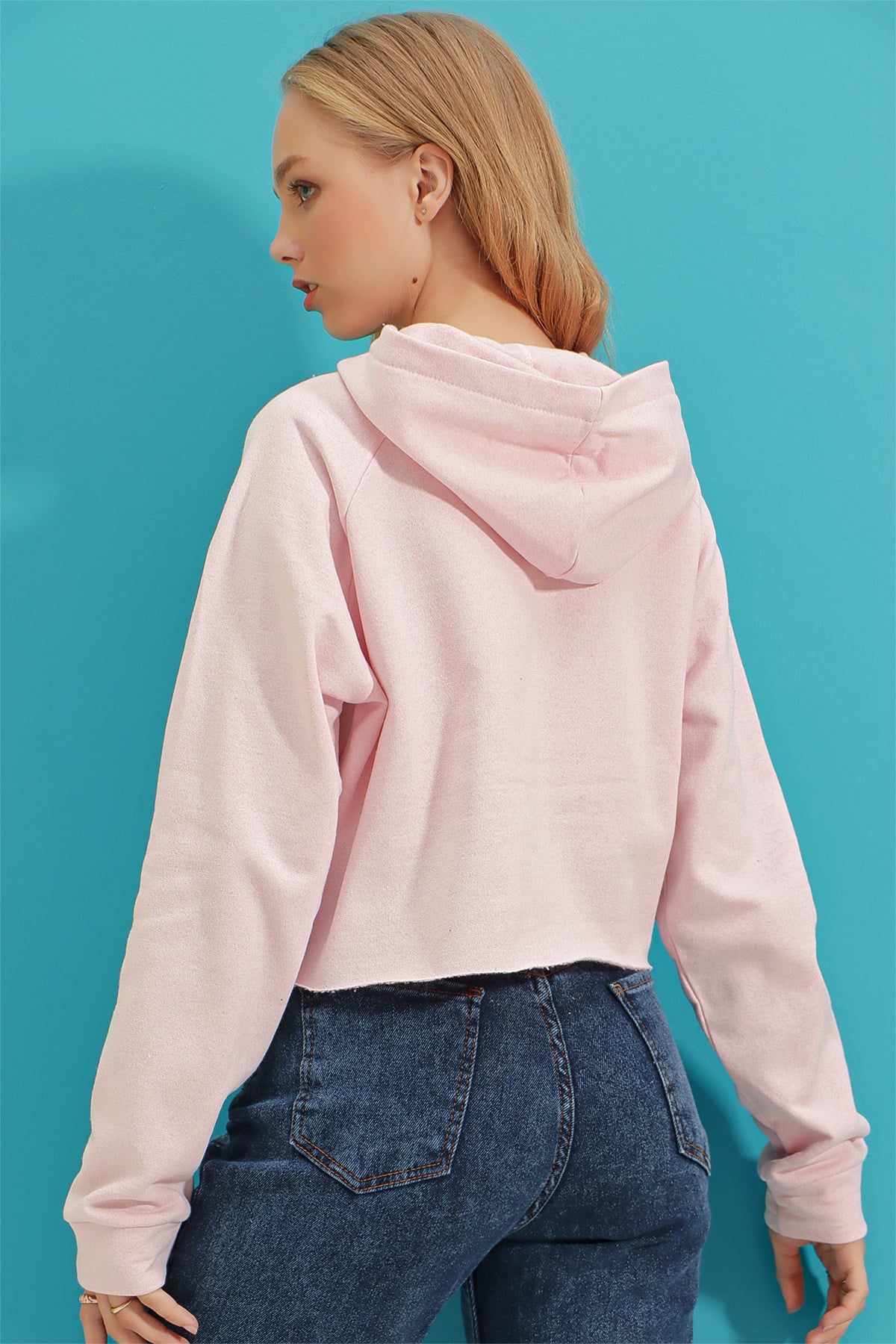 Kapüşonlu Baskılı İçi Polarlı Kalın Crop Sweatshirt - Pudra