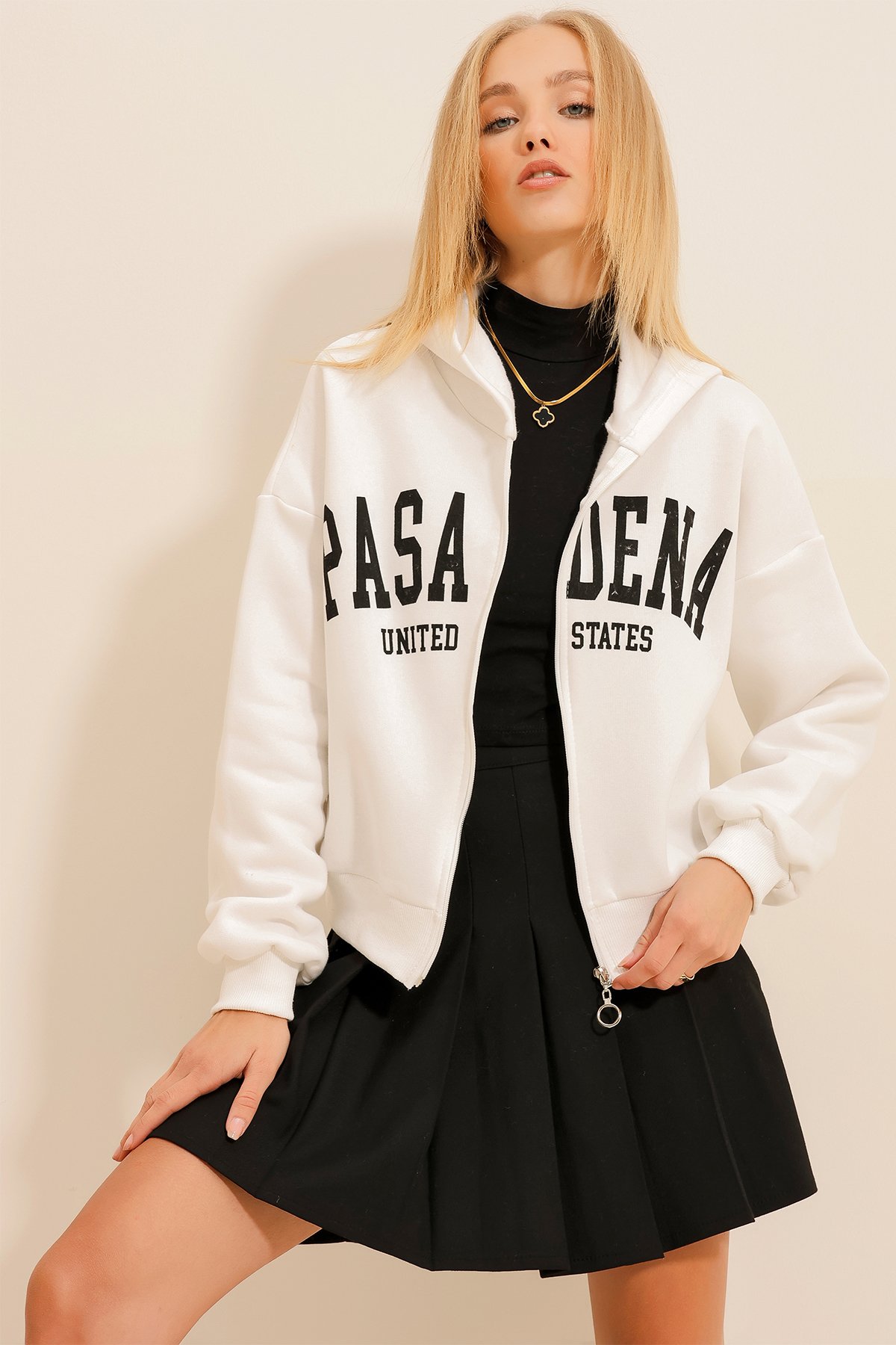 Kapüşonlu Baskılı İçi Şardonlu Fermuarlı Sweatshirt - Beyaz