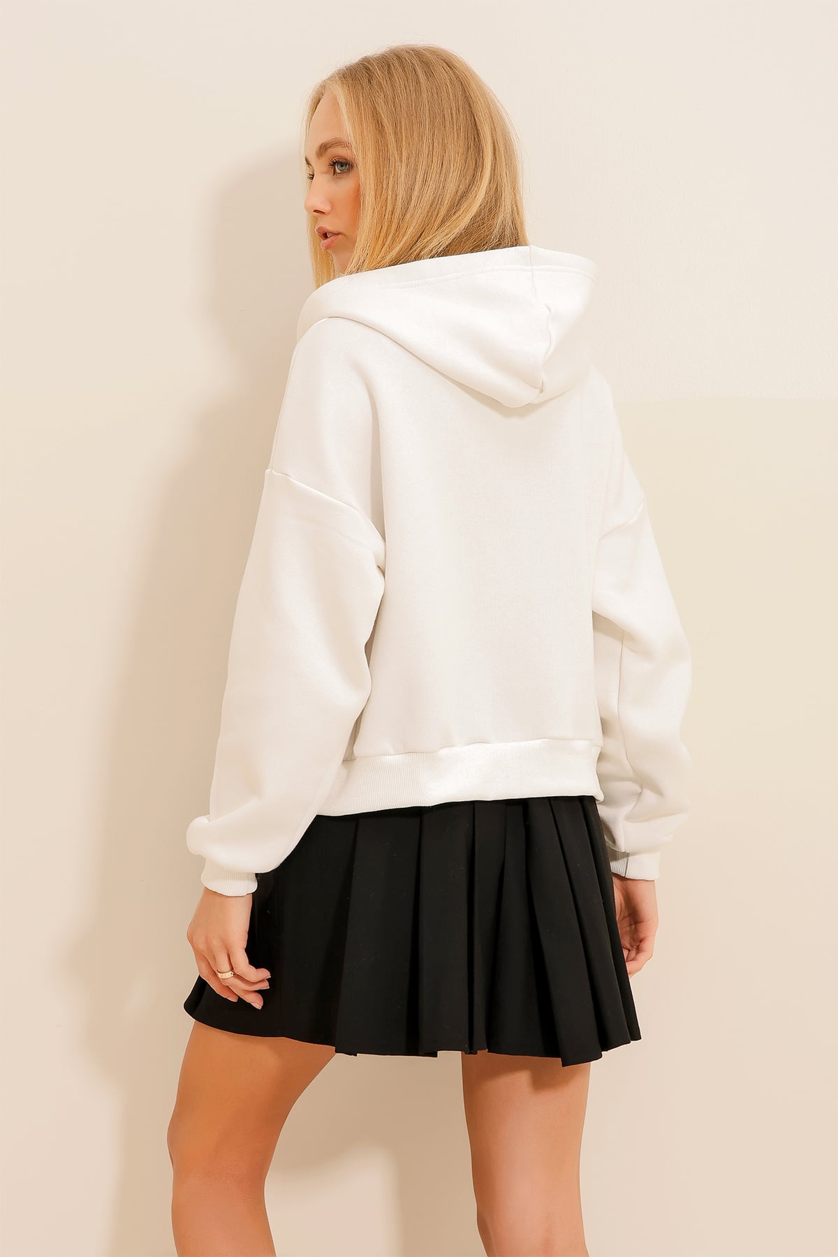 Kapüşonlu Baskılı İçi Şardonlu Fermuarlı Sweatshirt - Beyaz
