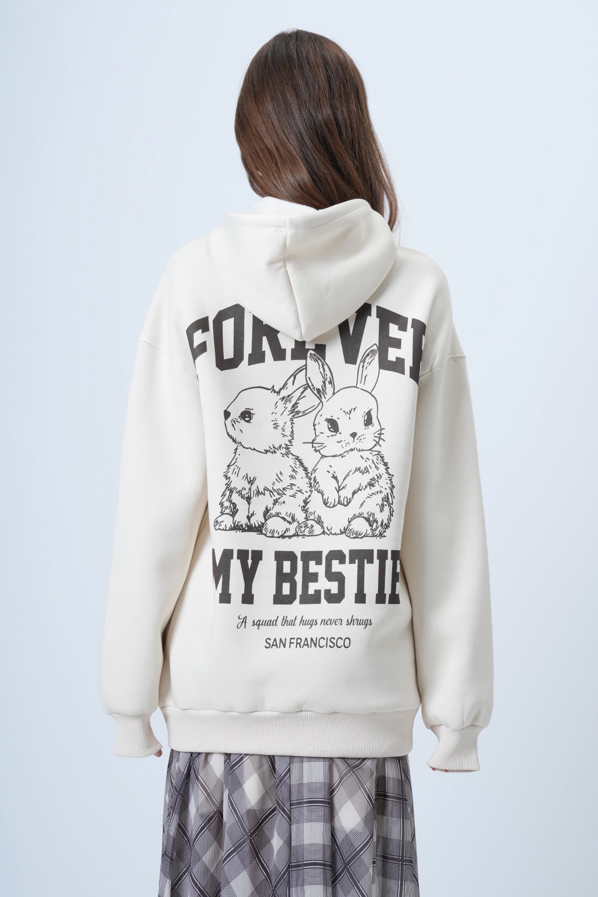 Kapüşonlu Baskılı Kanguru Cepli Uzun Kollu Sweatshirt - EKRU