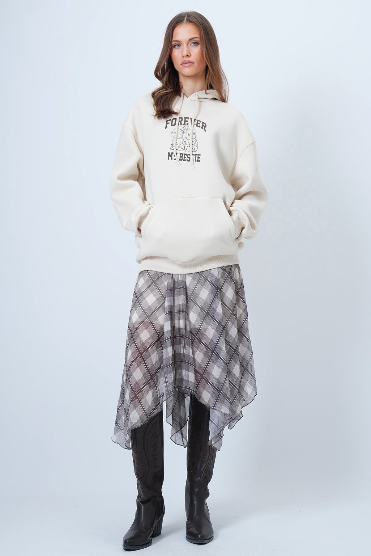 Kapüşonlu Baskılı Kanguru Cepli Uzun Kollu Sweatshirt - EKRU